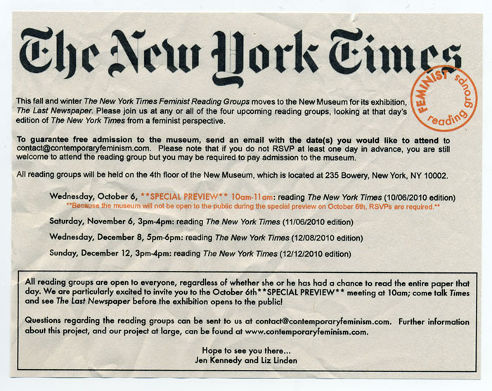 New York Times Feminist Reading groups at New Museum flyer